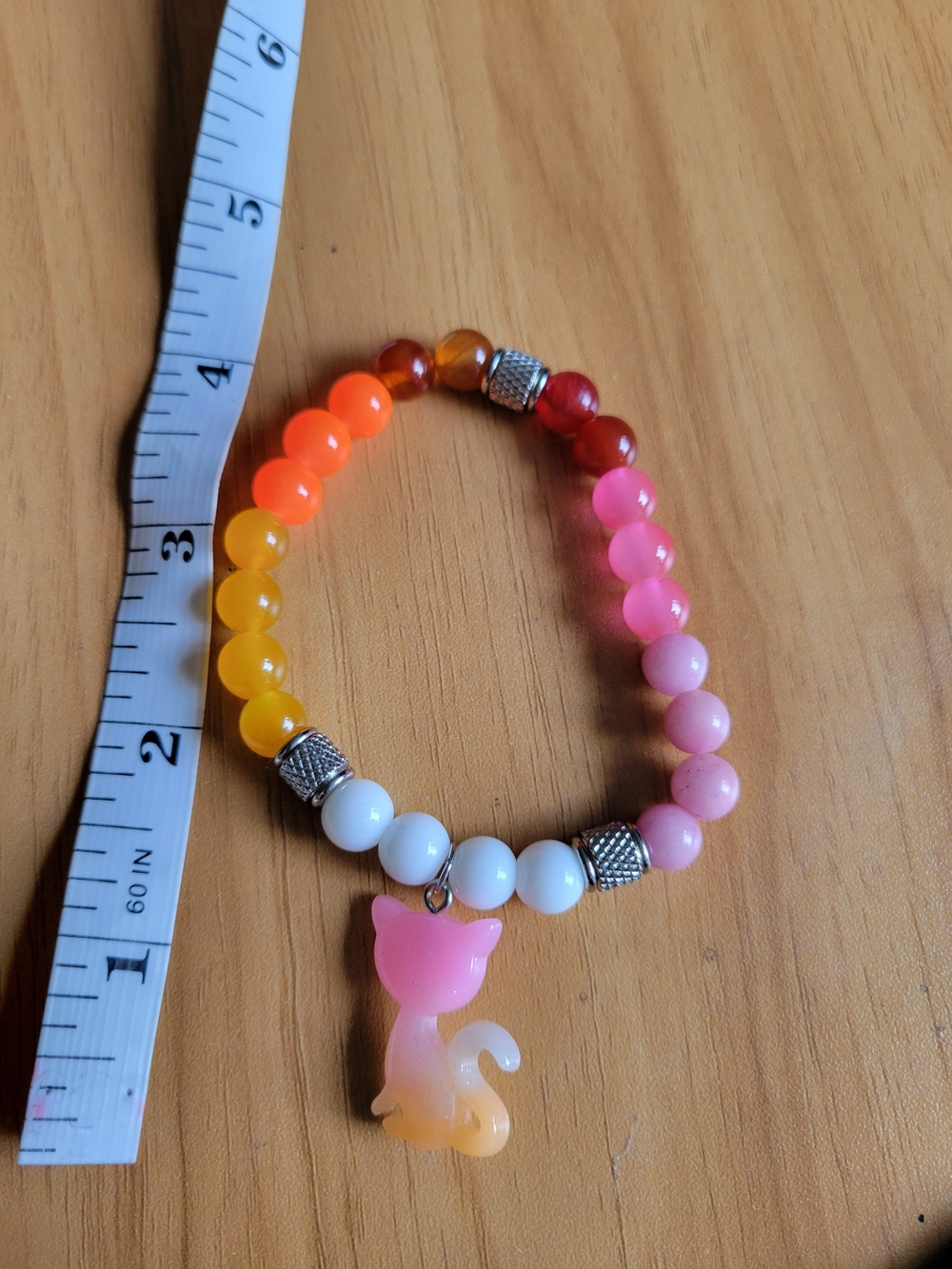 🍁NEW🍁 Hand Crafted Pink Orange Yellow Beaded Cat Charm Bracelet